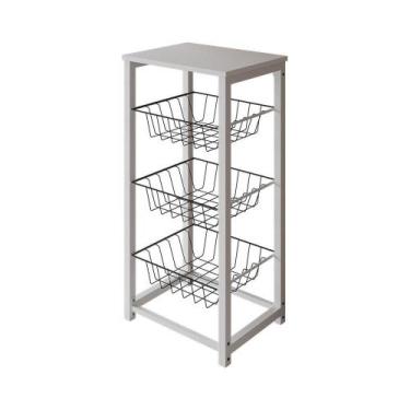 Imagem de Fruteira De Chão Cozinha Desmontada Aço Branco Cesto Preto Tampo Branc