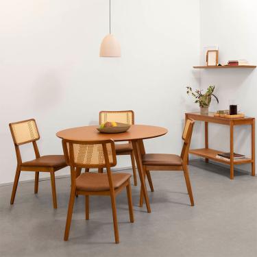 Imagem de Conjunto Mesa de Jantar Square Laminada Redonda Natural - 1,18m + 4 Cadeiras Lalá Encosto Palha Creme Assento - Cognac Conjunto Mesa Jantar Square Laminada Redonda 1,18m Natural + 4 Cadeiras Lalá Encosto Palha Creme Assento Pu Whisky (B212)