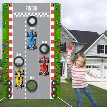 Imagem de RaceCar F1 Toss Games Banner Pano de fundo Racing Car Check Flag Sports Theme Decor for Indoor Outdoor Boy Girl 1st Birthday Party Baby Shower Race Fans Favors Supplies Gift