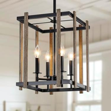 Imagem de NZZDYI Lustre de casa de fazenda de 4 luzes, lustres de madeira sintética, luminária de sala de jantar, luminária ajustável com gaiola rústica para cozinha, ilha, entrada, quarto