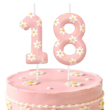 Imagem de Velas de aniversário rosa número 18, enfeite de bolo com tema de margarida para meninos e meninas, decorações de aniversário, suprimentos de festa, velas numéricas para decoração de festa
