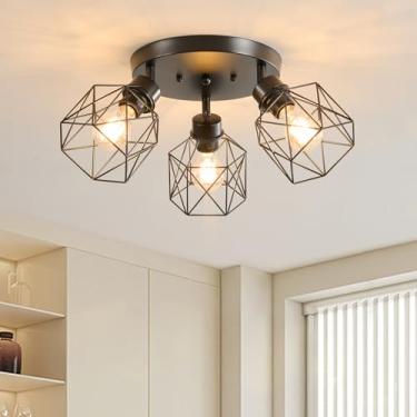 Imagem de ROCUNSI 3 luzes de teto de montagem embutida para cozinha, luminária de teto de gaiola de metal preto para corredor, sala de jantar, quarto, luminária de lustre multidirecional ajustável de 180°, base