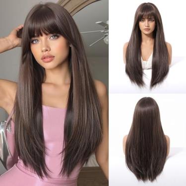 Imagem de Esmee Peruca longa lisa marrom chocolate para mulheres, aparência natural, peruca de fibra sintética resistente ao calor para uso diário em festas