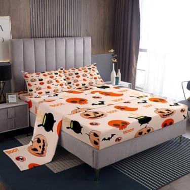 Imagem de jejeloiu Jogo de lençol casal para decoração de feliz dia das bruxas, crianças, meninos, meninas, crânio, abóboras, com bolsos profundos de 40 cm, morcego, 4 peças com 2 fronhas