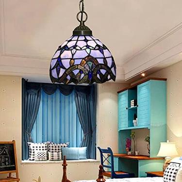 Imagem de AIBOTY Luminária suspensa estilo Tiffany barroco para ilha da cozinha 20 cm azul roxo abajur de vitral swag lustre vintage para sala de jantar corredor