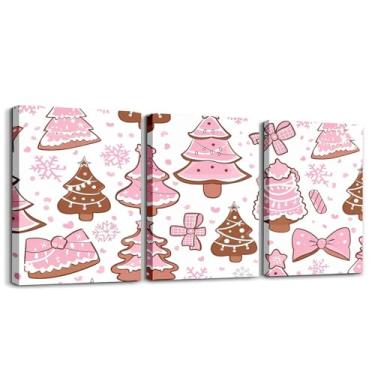 Imagem de jejeloiu Arte de parede em tela com tema de Natal rosa para sala de estar, quarto, linda árvore de Natal, decoração de parede para banheiro, estilo desenho animado, pôsteres, pintura com laço doce