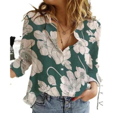 Imagem de Blusa feminina  manga longa detalhes floral tamanho m cor verde e bran