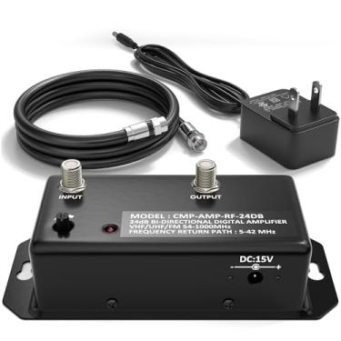 Imagem de THE CIMPLE CO Kit amplificador de antena, amplificador de sinal de TV digital com coaxial, ganho ajustável, distribuição de 24 dB, NTSC, ATSC, FM, UHF, VHF, 1000 MHz, inclui cabo coaxial RG6, apenas