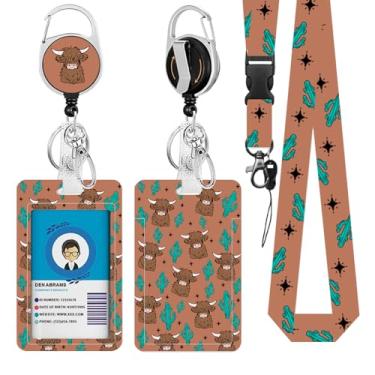 Imagem de Cordões para crachá de identificação, cordão de vaca com clipe retrátil e chaveiro, capa de crachá de identidade vertical de iaque selvagem com etiqueta de nome para aluno, professor, enfermeira