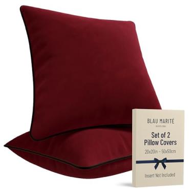 Imagem de Blau Marité Pacote com 2 capas de almofada decorativas de veludo, 51 x 50 cm, vinho, sólido, moderno, tubulação contrastante, uso interno, quarto e sala de estar