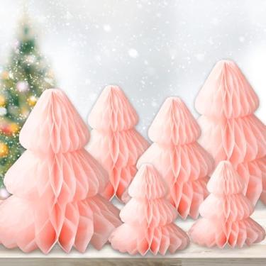 Imagem de JarThenaAMCS 6 peças de árvore de papel de favo de mel de Natal 3D centros de mesa rosa para festas de fim de ano, decorações de casa, 20 cm, 25 cm, 30 cm