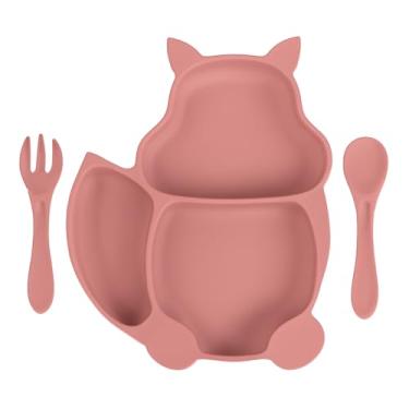 Imagem de Prato Infantil Silicone de Gatinho com Divisórias, Ventosa e Talheres (Rosa)