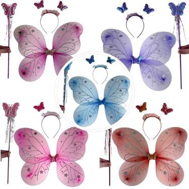 Imagem de Kit 5 Asa de Borboleta Fantasia Infantil C/Varinha e Tiara Fada Festa Carnaval Lembrancinha (Azul + Roxa + Lilás + Rosa + Vermelha)