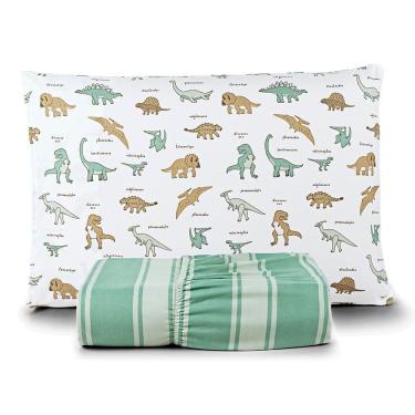 Imagem de Jogo de Cama Lençol Lutti Solteiro Infantil 200 Fios Estampado 2 Peças Dinossauro Verde