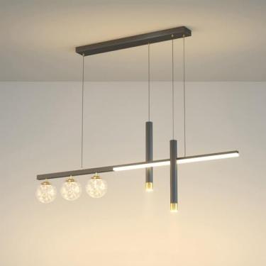 Imagem de Lustre moderno com listras de LED Lustre linear para sala de jantar Luminária pendente linear longa com bola de vidro Luminária suspensa de teto moderna para sala de estar Restaurante B, pre