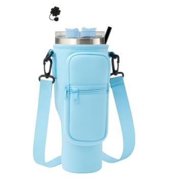 Imagem de Bolsa Porta Garrafa, Squeeze, Copo Térmico Com Alça Ajustável Shoulder Bag com bolso para celular, de neoprene, com alça ajustável, tampa para canudo e mosquetão (Azul Claro)