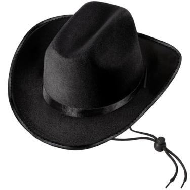 Imagem de MEMOVAN Chapéu de caubói preto para crianças, chapéu de cowgirls ocidentais para vestido infantil, chapéu de caubói de feltro retrô, chapéu ocidental de aba larga para adolescentes brincadeiras