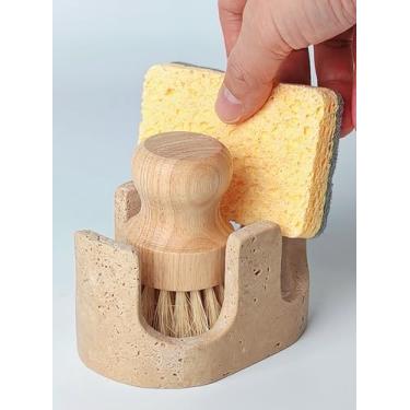 Imagem de BekPooQ Suporte de esponja de travertino natural para balcão de cozinha, compartimentos duplos, escorredor de secagem, suporte de esponja para organizador de pia, suporte de esponja para bancada, 2