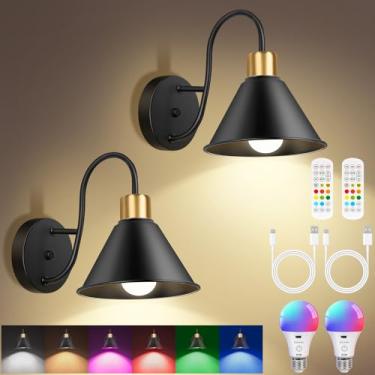 Imagem de Frideko Arandelas de parede recarregáveis operadas por bateria, conjunto de dois com controle remoto, RGB 15 cores, luz de parede preta regulável, arandela sem fio alimentada por bateria interna com