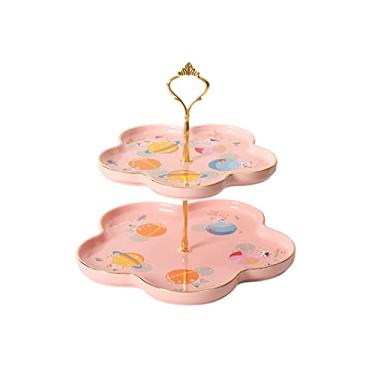 Imagem de Suporte de bolo, exibição de placa de bolo, giratório, suporte de frutas para bolo, mesa de sobremesa de cerâmica com alça de metal para exibição de mesa de sobremesa (rosa)