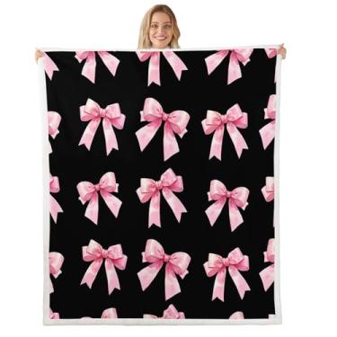 Imagem de meiyoeat Cobertor de lã de ovelha com laço rosa preto felpudo fofo cobertor de lã meninos meninas decoração de princesa para cama sofá cadeira sala de estar kawaii decoração de quarto 127 x 152 cm