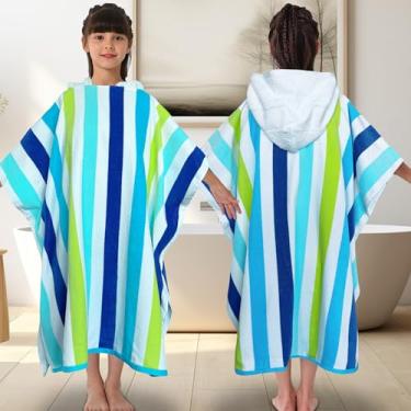Imagem de VOOVA & MOVAS Toalha Poncho para Adolescentes 8-16 Anos | Roupão 100% Algodão Super Absorvente | Toalha de Piscina, Praia e Banho | Listrado Azul Verde e Branco