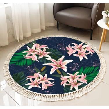 Imagem de Tapete redondo com franjas sem costura, flores rosas, verde, folhas de palmeira Monstera, azul escuro, boho, tapete de linho, tecido à mão, pátio, corredor, tapete para decoração de casa, sala de