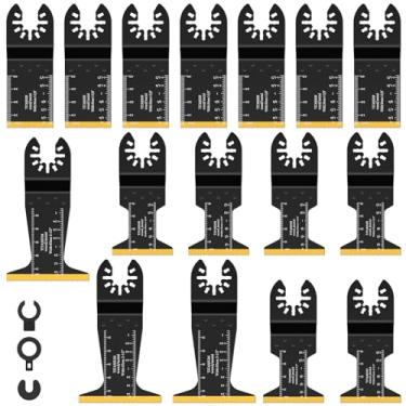 Imagem de RWWPJLLWHR Conjunto de 16 lâminas de serra oscilantes bimetálicas de titânio de aço de alto carbono, lâminas multiferramentas oscilantes de corte universal, lâminas de ferramentas oscilantes com 3
