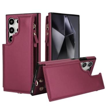 Imagem de For Samsung Galaxy S24ultra Case with RFID Blocking 6 Card Holder for Women Men, PU Leather Magnetic Snap Flip Wristlet Strap Zipper Wallet Phone Cases for Samsung Galaxy S24ultra Red