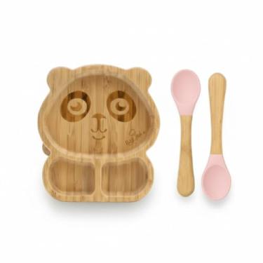 Imagem de Kit Infantil em Bambu, modelo Pandinha – Prato com Divisórias e Ventosa de Silicone Antiderrapante, Talheres em Bambu e Silicone, Livre de BPA, Rosa- Petit Piá
