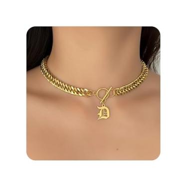 Imagem de ADEMISHIA Colar feminino com inicial inglesa antiga em ouro 18 K, delicado pingente A-Z com corrente cubana de aço inoxidável, gargantilha grossa, colar gargantilha para presente de Halloween e Natal