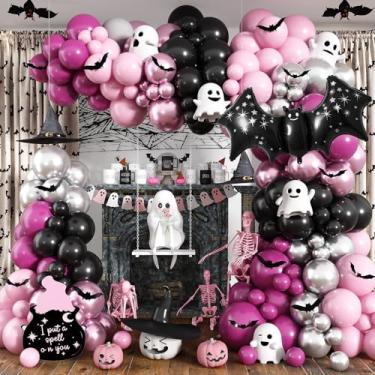 Imagem de Halloween Balloon Arch Garland Kit, 126Pcs Pastel Light Pink Bright Dark Hot Pink Black Metallic Silver Balloons with 3D Bat Foil Balloon for Scary Halloween Spooky Indoor Outdoor Party Decorations