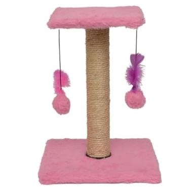 Imagem de Arranhador Para Gatos Pet Poste Sisal Brinquedo Com Bolinha Pena Duas Bases(Rosa)