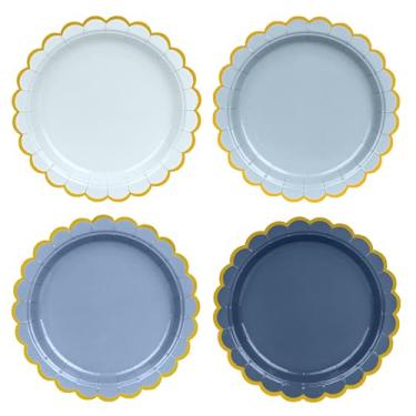 Imagem de AimFun Pratos de papel azul empoeirado, cor gradiente, pratos descartáveis para festa de sobremesa, prato recortado, folha dourada de 18 cm, para Natal, chá de bebê, casamento, chá (24, azul