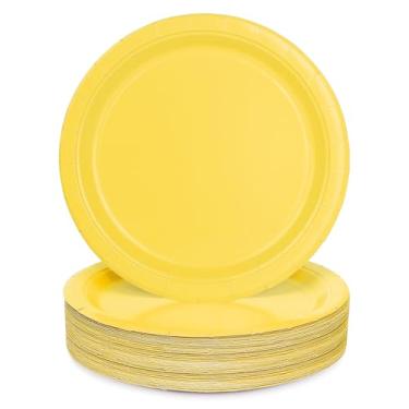 Imagem de UVTQSSP 50 peças de pratos de festa, conjuntos de pratos de jantar de papel descartáveis amarelos de 23 cm, suprimentos de festa para aniversário, chá de bebê, casamento, piquenique