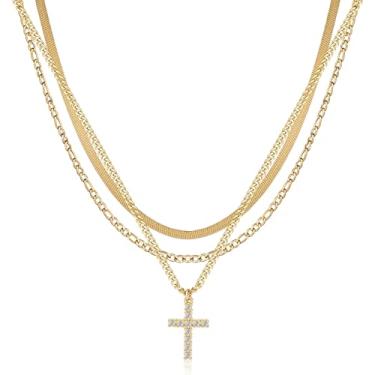 Imagem de Pancert Colar de ouro feminino, banhado a ouro 14 K, gargantilha multicamadas, cobra, cubana, clipe de papel, conjunto de acessórios de corrente cruzada, presente para mulheres, Latão, Sem Pedra