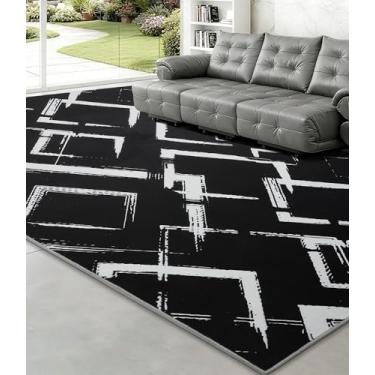Imagem de YIHOUSE Tapete geométrico moderno preto 20 x 25 cm, preto e branco com padrões abstratos de diamante, tapetes laváveis que não caem para quarto, escritório em casa e sala de estar