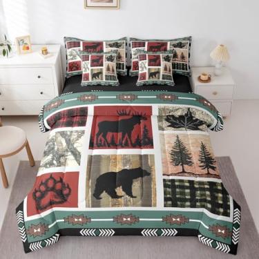 Imagem de Feelyou Conjunto de edredom de alce de urso com lençóis, tamanho queen, cabana rústica, 7 peças, para crianças, meninos, meninas, decoração xadrez, cama em um saco, microfibra