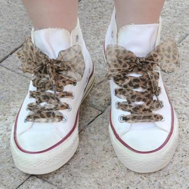 Imagem de Cadarços de sapato de fita de cetim plano: cadarços de fio de neve para tênis feminino senhora 1 par, 08 Leopardo amarelo, 51 inch(130CM)