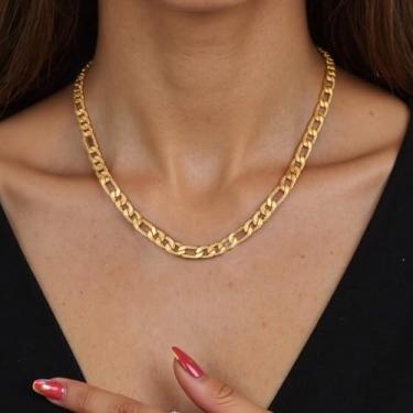 Imagem de Colar masculino de aço inoxidável, corrente fígaro, banhado a ouro/prata/preto, joia hip hop grossa, 45 a 76 cm, 18 inch (46cm)Average Length, Aço inoxidável, Sem Pedra Preciosa