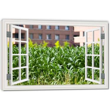 Imagem de Overgrown With GrassArtistic Impressão em tela de ilusão de janela falsa, arte de parede com vista panorâmica real para sala de estar 20 x 30 cm emoldurada