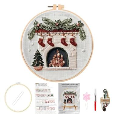 Imagem de Huacan Kits de bordado de Natal para adultos iniciantes DIY ponto cruz estampado lareira chaminé padrão kit de costura 1 peça 19 x 19 centímetros