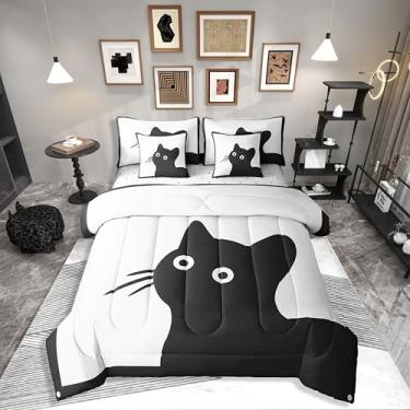 Imagem de Erosebridal Jogo de cama solteiro com edredom de gato preto, animal de estimação, 7 peças, estampa kawaii, preto e branco leve