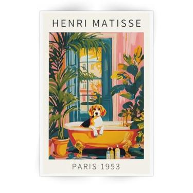 Imagem de SKINGE Arte engraçada de parede de banheiro de cachorro Henri Matisse Estética de quarto retrô rosa decoração beagle na banheira pintura em tela obras de arte animal banheiro arte estética imagens 40