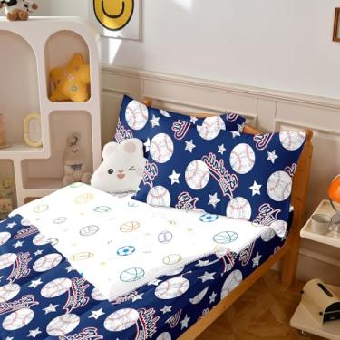 Imagem de Yadangxiawa Jogo de edredom infantil, solteiro com zíper, estampa de beisebol, com bolas, lençol com elástico e fronhas para todas as estações (beisebol)