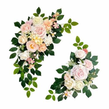 Imagem de Odouzy Pacote com 2 arcos de casamento, flores artificiais, decoração de casamento, guirlanda de flores, adequado para banquete, festa, recepção, placa de boas-vindas e decoração de fundo (rosa claro)