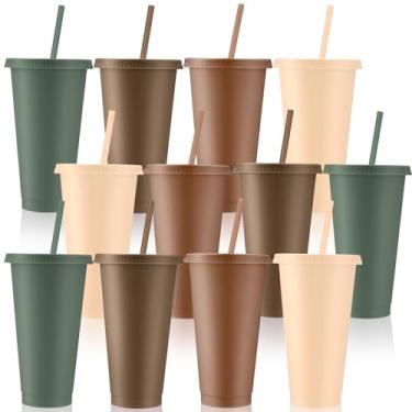 Imagem de Skylety 12 peças de copos de plástico da floresta com tampas e canudos 680 g copo reutilizável grande caneca de viagem café bebidas suprimentos de festa para Natal, casamento, noiva, chá de bebê