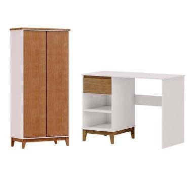 Imagem de Mesa Escrivaninha E Armario Escritorio Mdf Off White Freijo Milani Sto