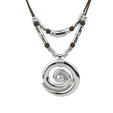 Imagem de Joddfly Colar com pingente espiral boêmio vintage, metal prateado com cordão marrom, 61 cm de comprimento, pingente de 4 cm, estilo praia