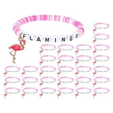 Imagem de SXoonKing 30 peças de presentes de flamingo para mulheres, pulseiras de flamingo rosa com contas de polímero, pulseiras elásticas de argila de polímero, joias havaianas, boho, rosa, verão, praia